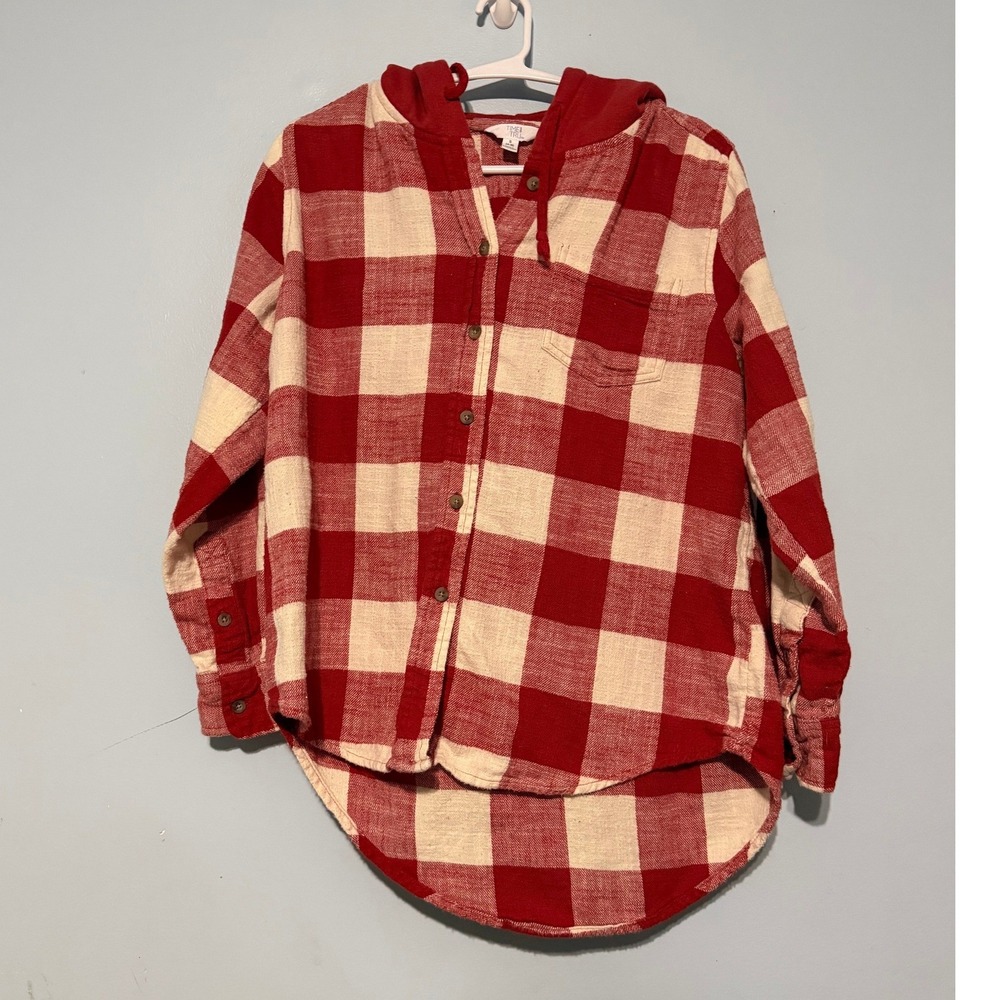 Time and Tru Women's Small 4-6 Red Buffalo Plaid Hooded Flannel Shirt 1488